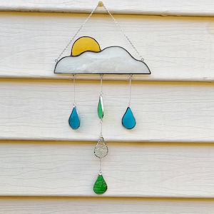 Stained Glass Cloud Suncatcher: Iridescent Raindrop Window Decoration