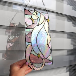 Suncatcher Cat in clouds whith moon Stained glass Hanging decor Cat Art Gifts Window panel Glass wall art Gift idea for cat lovers