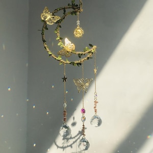 Boho Leaf Moon Suncatcher with Crystals & Healing Stones | Butterfly Sun Catcher | Window Prism Decor Gift