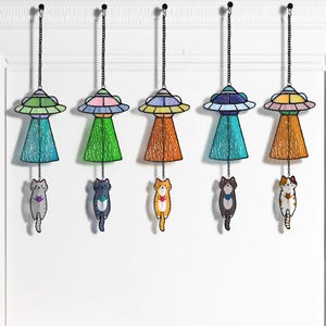 Stained Glass Cat UFO Suncatcher, Funny Abduction Cat Window Hanging Decor, Handmade Glass Alien Spaceship Gift, Cute Cat Lover Gift