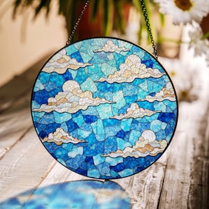 Stained blue sky cloud glass suncatcher with dreamy layers of light for window decor gift for sky lovers