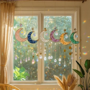 Moon Crystal Suncatcher Hanging, Christmas Gift, Sun Catcher Crescent Moon, Boho Home Decor, Amethyst Suncatcher, Rainbow Maker Rose Quartz